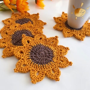 Coasters, Sunflower Cotton Coasters, Crochet Autumn Fall Home Décor Coasters, Kitchen Sunflower Décor Coasters, Drink Coasters