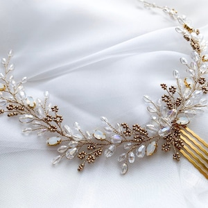 Bridal hair vine, Gold opal hair comb, Wedding Crystal headpiece, Bridal blue opal hair comb, clear crystal hair accessory
