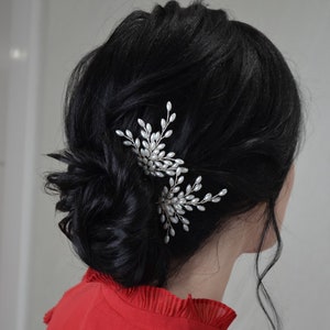 Pearls hair pins, Bridal white pearl hair pins, Wedding headpiece, Pearl hair accessories, Floral design, Silver hair pins
