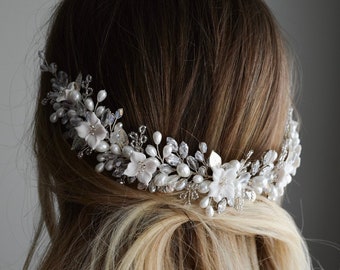 Wedding hair vine,  Bridal flowers hair wreath, Crystal Silver headpiece, Floral hair accessories, Crystal hair tiara, bridesmaids jewelry