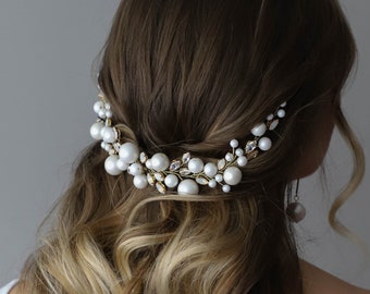 Pearls Ivory hair vine, Opal crystal Bridal hair wreath, Pearl Wedding headpiece, Gold opal Crystal hair accessories, Floral design