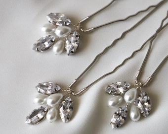 Crystal Pearls hair pins set of 3, Bridal white  pearl hair pins, Silver Wedding headpiece, Pearl hair accessories, Silver hair pins