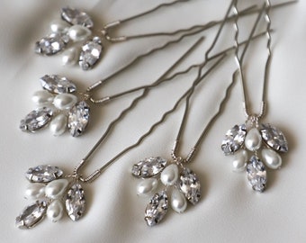 Crystal Pearls hair pins set of 5, Bridal white  pearl hair pins, Silver Wedding headpiece, Pearl hair accessories, Silver hair pins