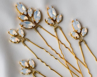 Opal Crystal hair pins set of 5, Opal gold hair pins, Wedding moonstone crystal headpiece, Crystal hair accessories, bridal hair pins