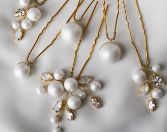 Opal pearl Crystal hair pins set of 6,  Opal gold hair pins, Wedding pearl crystal headpiece, Crystal hair accessories, bridal hair pins