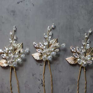 Crystal hair pins set of 3, Bridal gold zircon hair pins, Crystal Wedding headpiece, hair accessories, Floral design, Gold hair pins