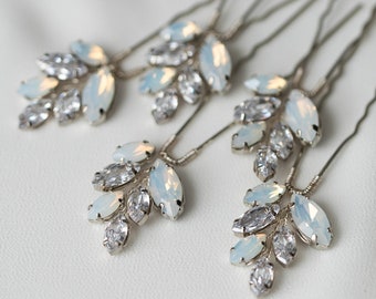 Opal Crystal hair pins set of 5, Opal silver hair pins, Wedding silver crystal headpiece, Crystal hair accessories, bridal hair pins
