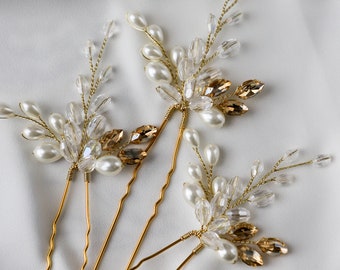 Pearls hair pins set of 3, Bridal ivory hair pins, Wedding headpiece, Crystal hair accessories, Floral design, Gold hair pins