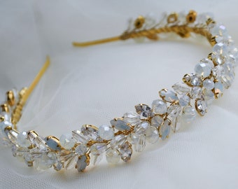 Opal crystal headband, Zircon bridal headband, Wedding Gold Opal Crystal headpiece, Crystal hair crown, Prom headband, Crystal headpiece