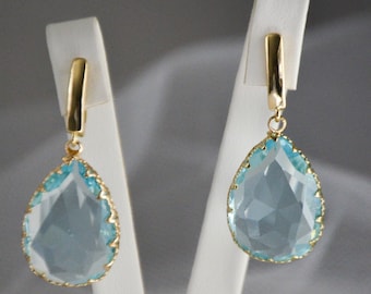 Blue Crystal teardrop earrings, Light blue earrings, Gold crystal jewelry, Wedding teardrops earrings, Bridesmaid jewelry