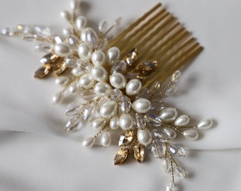 Peigne à cheveux de mariée en ivoire, Coiffe en cristal de perle, Peigne à cheveux de mariage, Accessoire de cheveux en cristal d’or