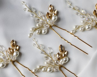 Pearls hair pins set of 5, Bridal ivory hair pins, Wedding headpiece, Crystal hair accessories, Floral design, Gold haie pins