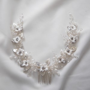 Bridal flower headpiece, Wedding floral hair comb, Bridal crystal silver headpiece, Bridesmaids prom hair accessories