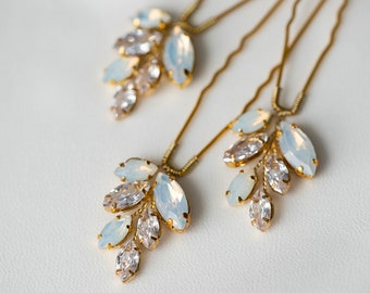 Opal Crystal hair pins set of 3, Opal gold hair pins, Wedding gold crystal headpiece, Crystal hair accessories, bridal hair pins