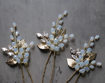 Bridal Gold Opal Hair Pins, Crystal Wedding Headpiece, Floral Hair Accessories (Set of 3)