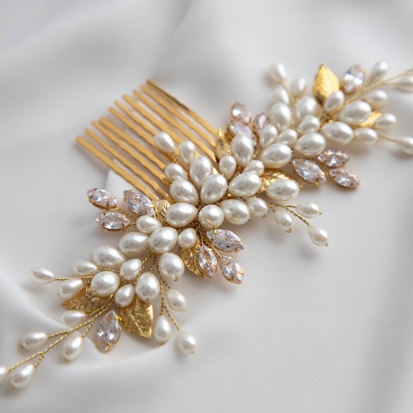 Bridal Ivory Pearl hair comb, Ivory gold wedding pearl headpiece, Bridal gold crystal headpiece, Pearl hair accessories