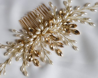 Pearl hair comb, Wedding ivory color pearl headpiece, Bridal gold headpiece, Champagne color, bridesmaids prom jewelry