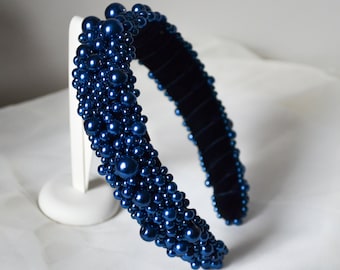 Blue pearl headband, Royal blue pearl headband, Baroque headpiece, Hand Beaded hair tiara, Prom hair accessory, Wedding Prom headpiece