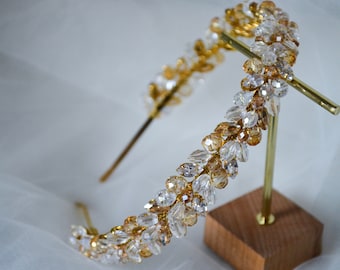 Gold crystal headband, Champagne bridal headband, Wedding Gold Crystal headpiece, Crystal hair crown, Prom headband, Swarovski headpiece