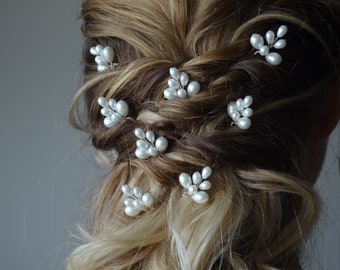 Pearl hair pins, Bridal white hair pins, Wedding white headpiece, Bridal pearl hair accessories, Floral design, Silver hair pins