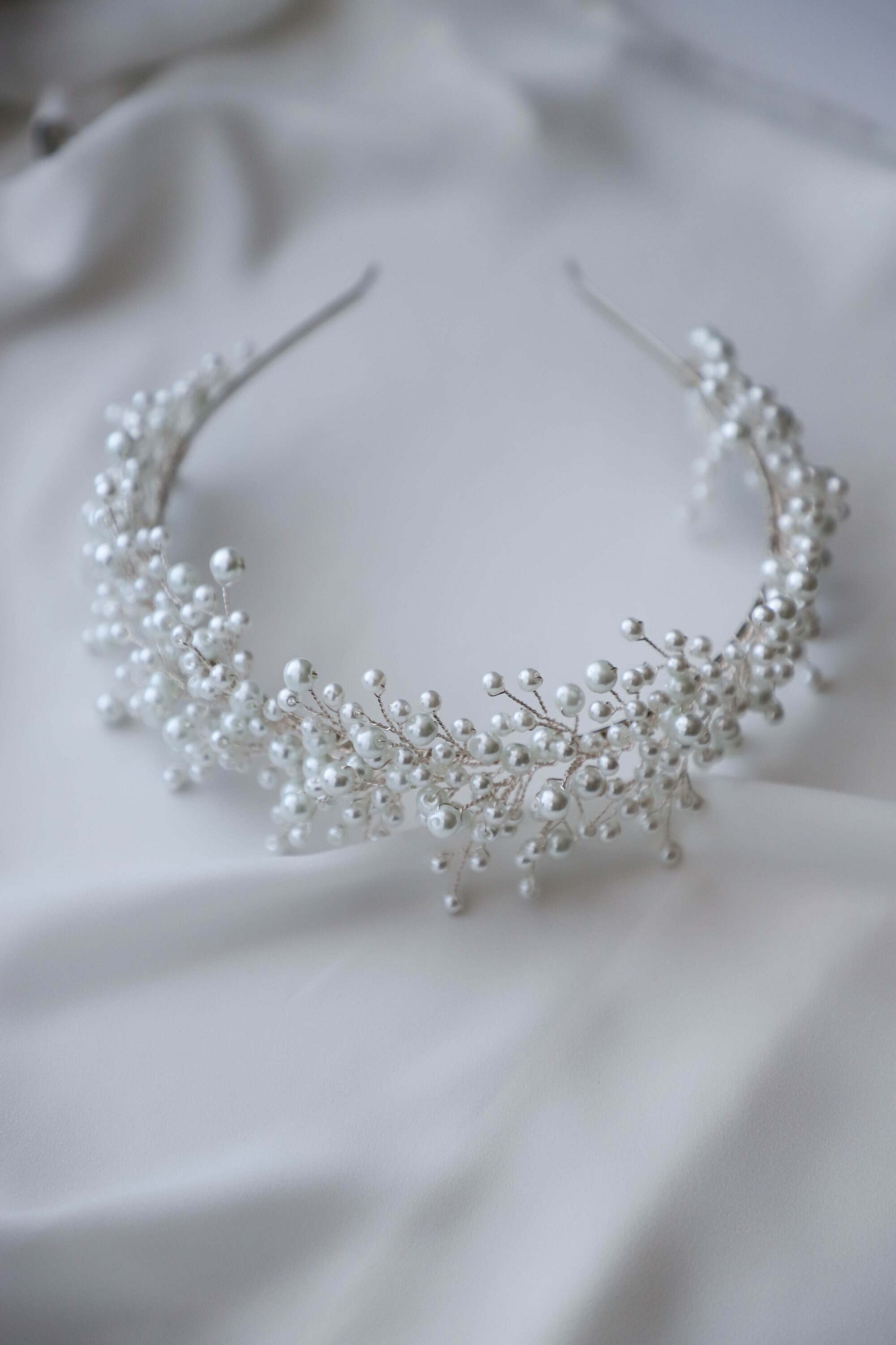 Pearl Hair Tiara, White Pearl Silver Wedding Headband, Bridal