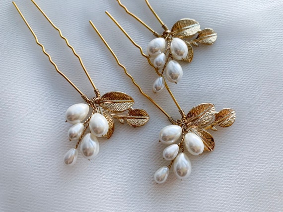 Pearl Hair Pins Set of 3, Bridal Gold Hair Pins , Wedding  display picture 1
