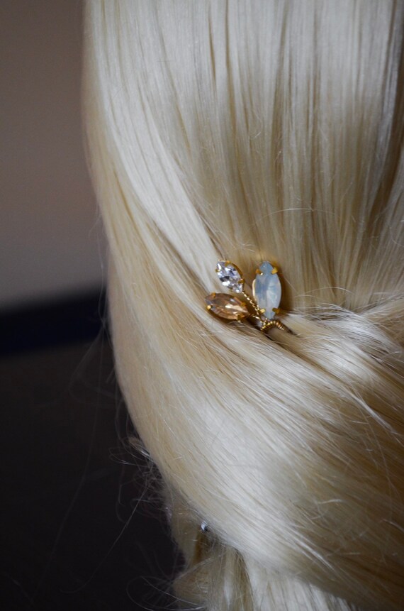Crystal Hair Pin, Opal Gold Hair Pin, Wedding Moonstone  display picture 2
