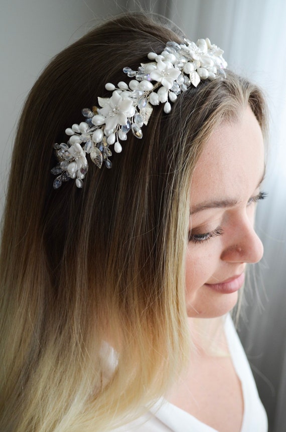 White Hair Tiara Floral Pearls Wedding Headband -