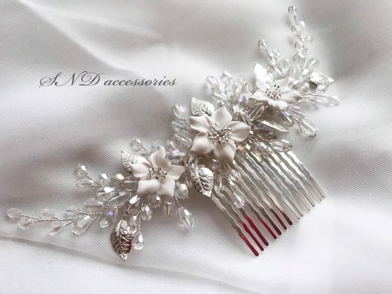 Wedding White Hair Comb, Silver Bridal Flowers Headpiece  display picture 1