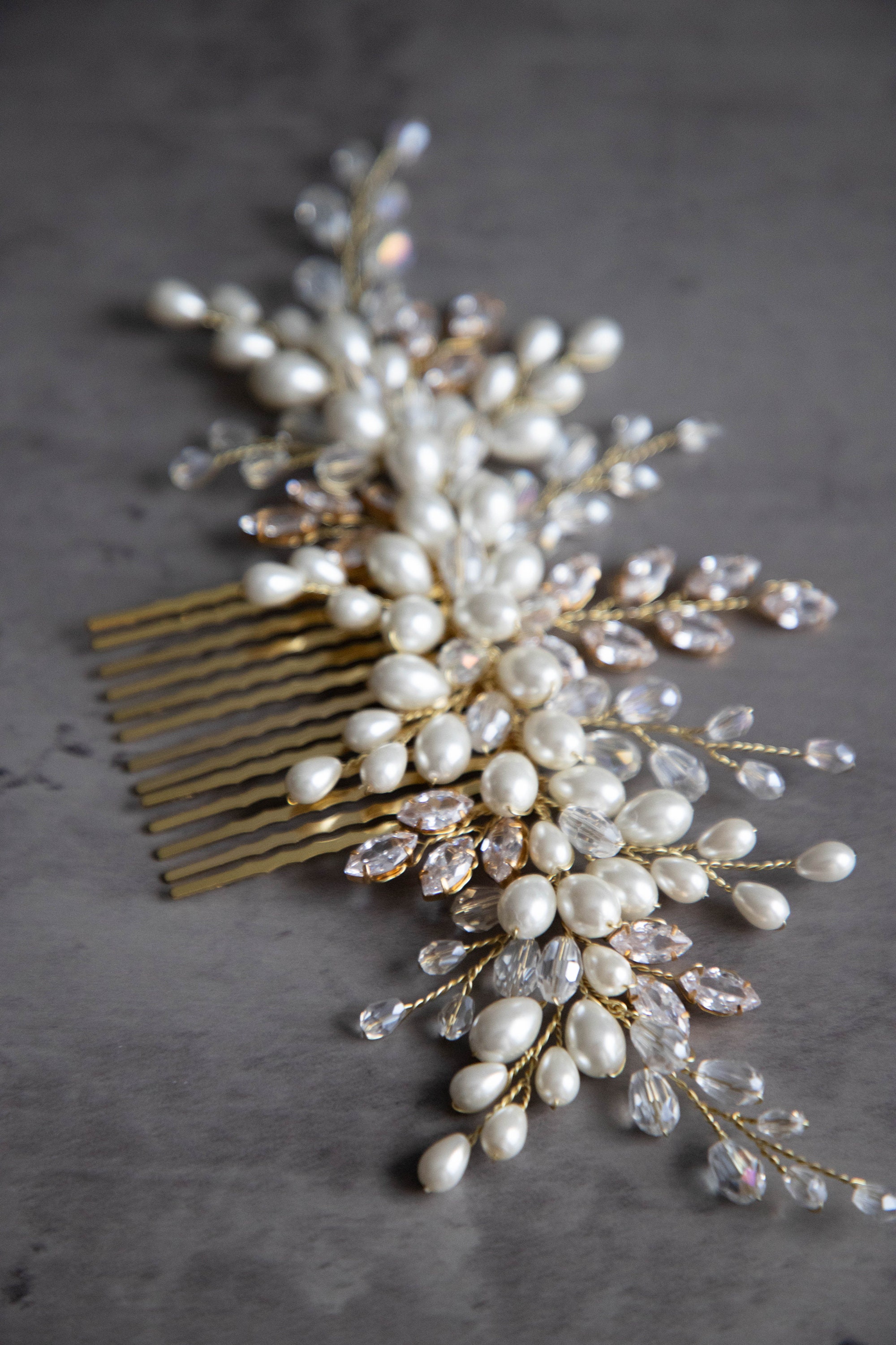 Bridal Hair Comb Ivory Silk Flower Pearl Headpiece Wedding Accessory 02301 Gold 