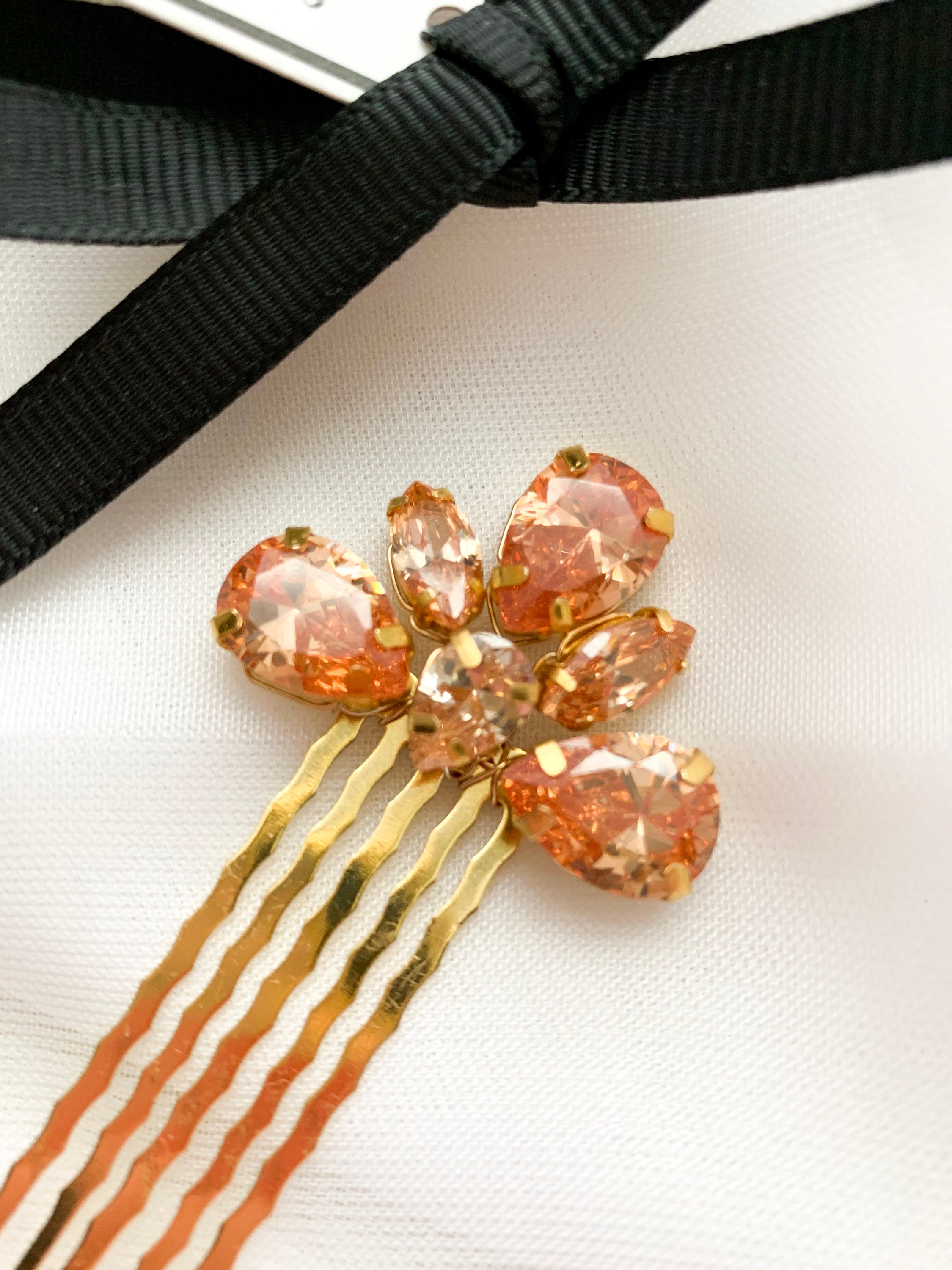 Gold Crystal Barrette, Champagne Color Hair Comb, Bridal 