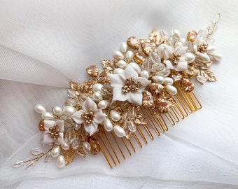 Golden Wedding hair comb, Ivory Pearls Bridal  flowers headpiece, Floral hair accessories, Crystal zirconia hair comb, bridesmaids jewelry