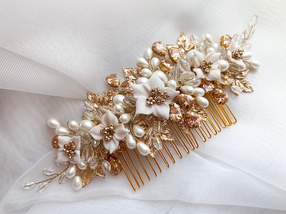 Ivory Pearl Floral Wedding Hair Comb Ivory Pearl and Crystal Floral Wedding Hair Comb in Silver main image 3
