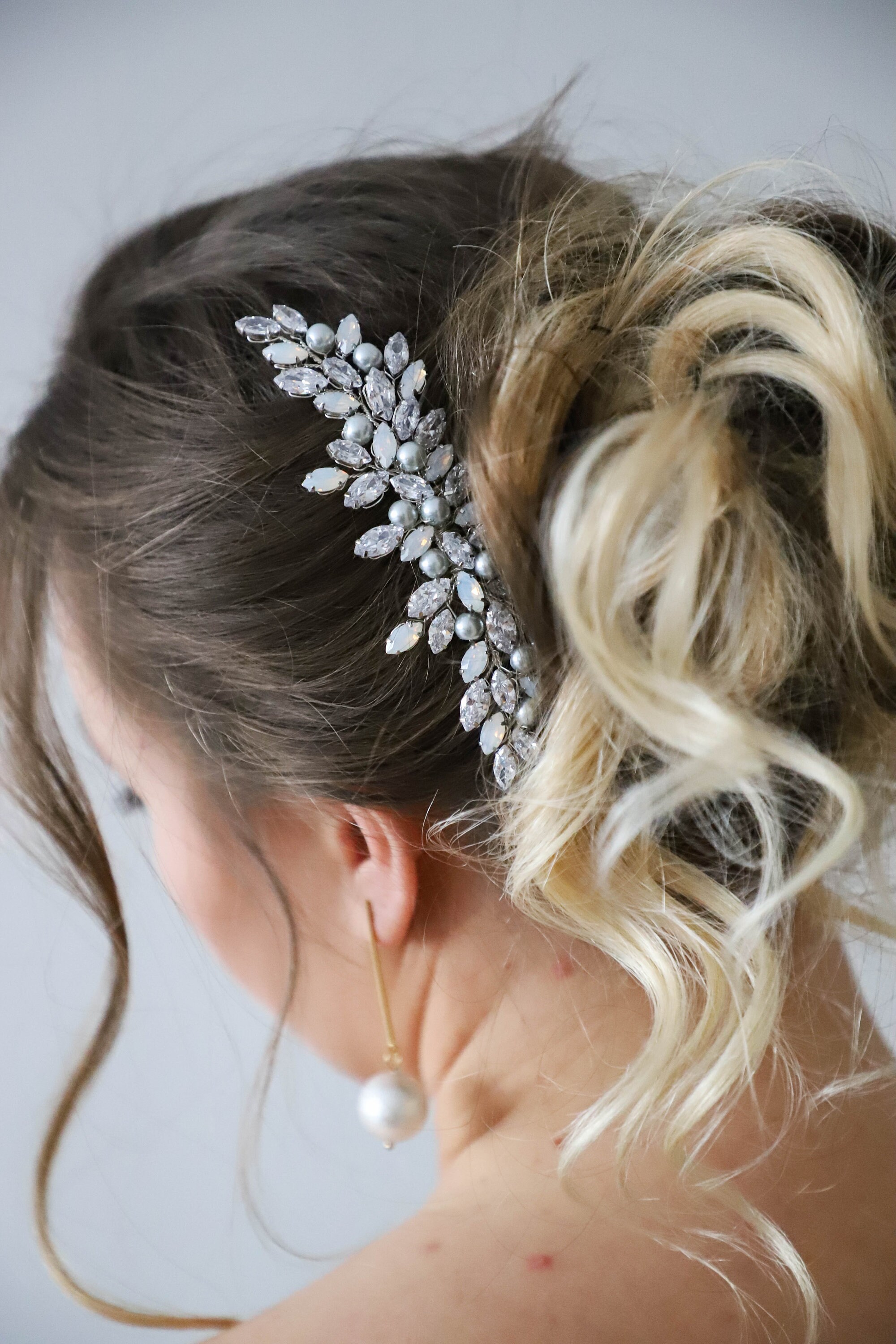 Pair of mix Opal & Crystal Comb silver Hair Comb bridal Hairpiece headpiece 2 Pcs Rhinestone Silver Wedding Hair Comb Set - Bridal Side  main image 3