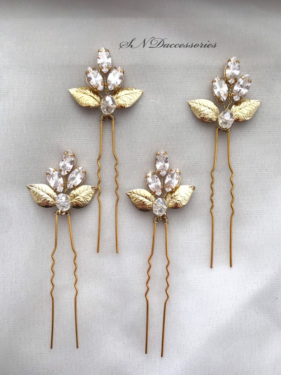 Crystal & Gold Hair Pin Set, New in Box, Bridal Accessories Amazon.com : 4 Pieces Bridal Wedding Hair Pins Gold Leaf  main image 3