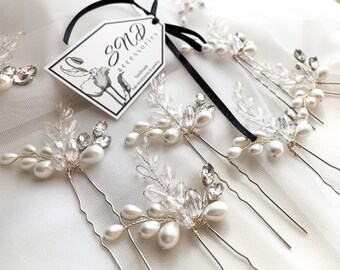 Pearls hair pins, Bridal white hair pins, Wedding silver headpiece, Crystal hair accessories, Floral design, Crystal hair pins