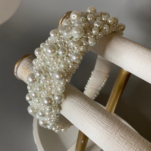 White pearl headband, White color pearl headband, Bridal headpiece, Hand Beaded hair tiara, Wedding hair accessory, Wedding Prom headpiece