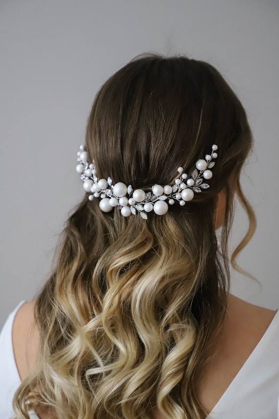 Pearls Bridal White Hair Vine, Opal Crystal Hair Wreath  display picture 3