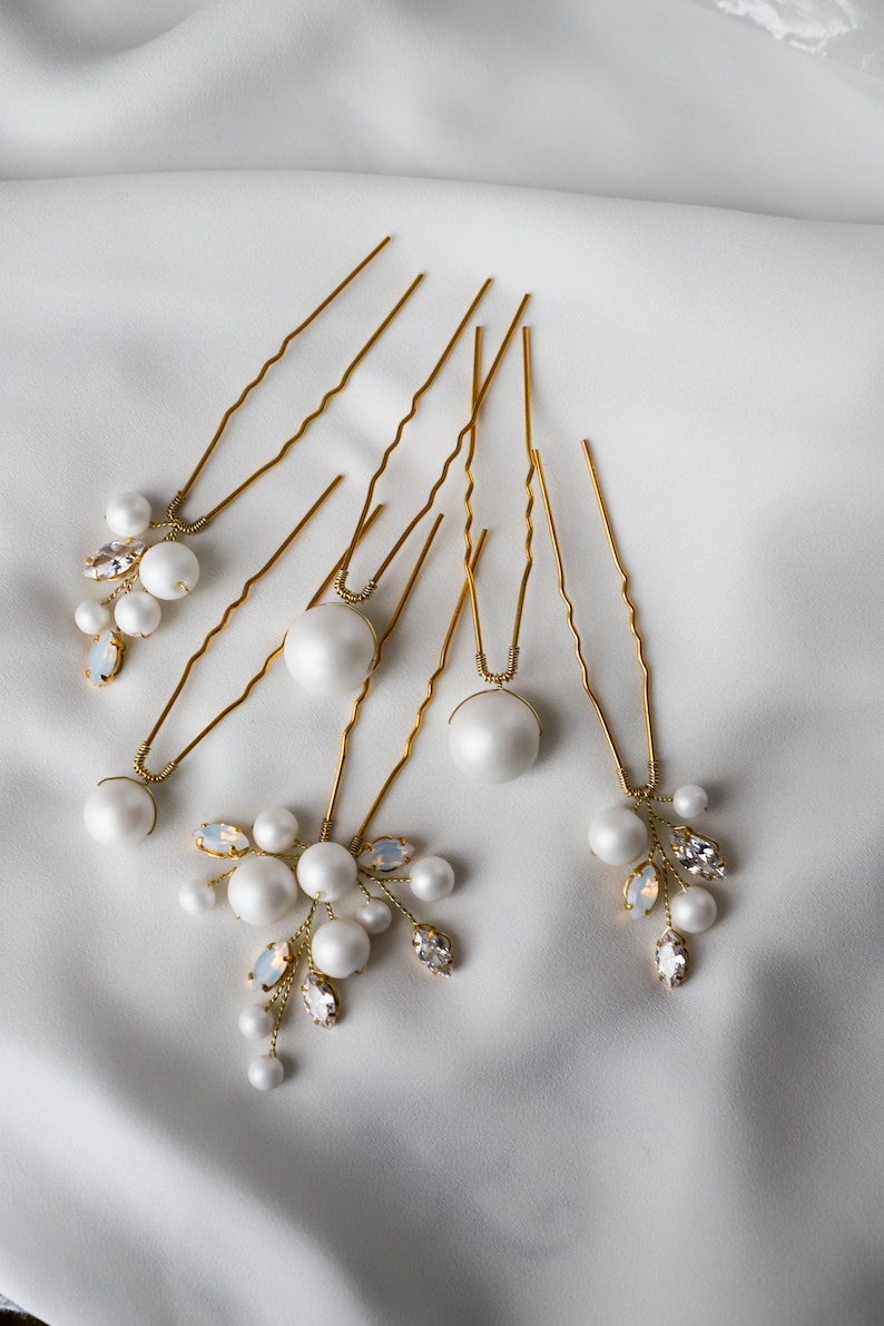Opal Pearl Crystal Hair Pins Set of 6 Opal Gold Hair Pins Etsy