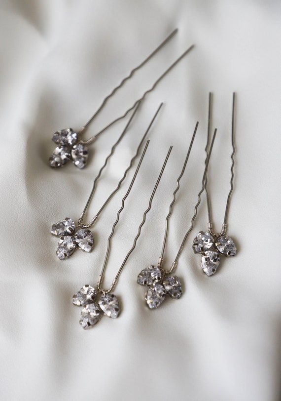 Crystal Hair Pins Set of 5, Bridal Zircon Silver Hair Pins  display picture 2