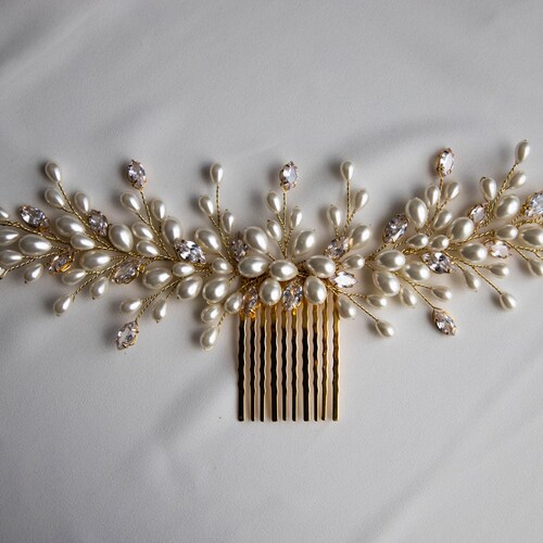 Wedding Pearl shops bridal hair comb, Ivory gold wedding pearl headpiece, Bridal gold crystal headpiece, Pearl hair accessories