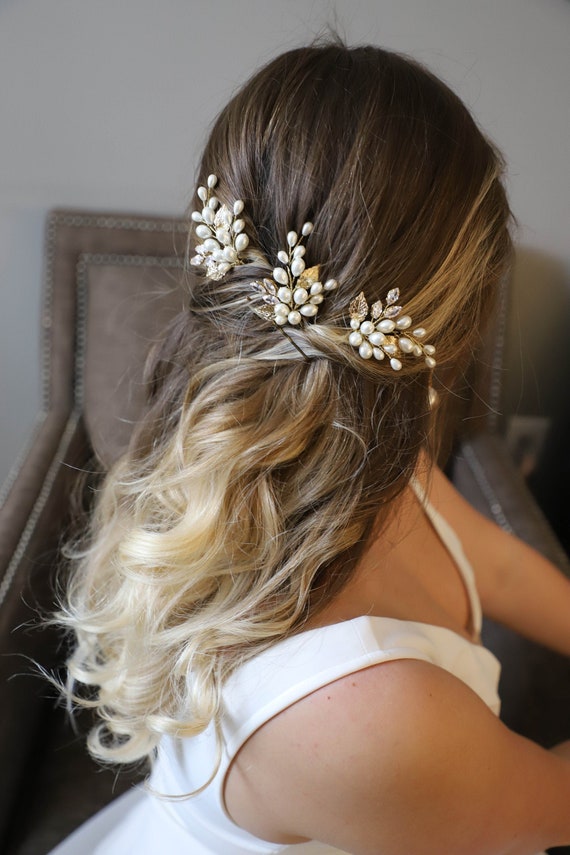 Pearls Hair Pins Set of 3, Bridal Ivory Pins, Crystal  display picture 1