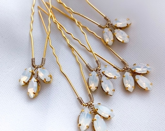 Opal Crystal hair pins set of 5, gold hair pins, Wedding moonstone crystal headpiece, Crystal hair accessories, bridal hair pins