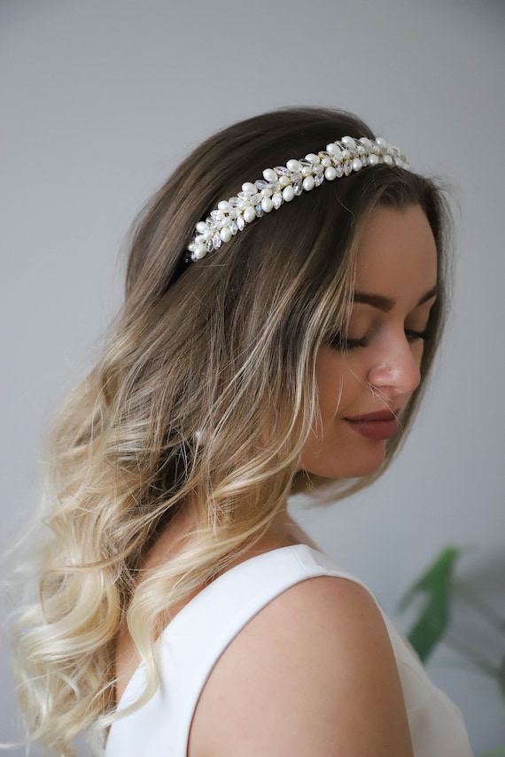 Pearl & Crystal Wire Tiara Headband - Ivory Freshwater Pearl and Crystal Tiara, Available in White or  main image 2