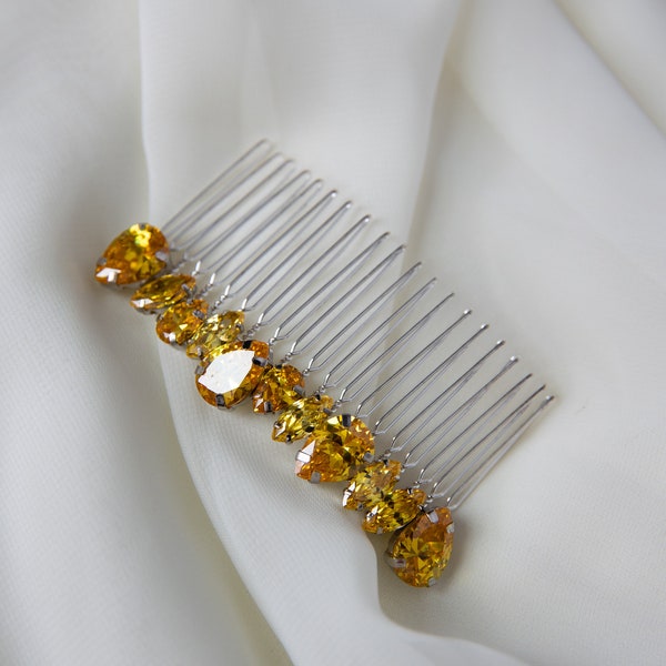 Yellow crystal hair comb, Zircon silver headpiece, Wedding crystal hair comb, Yellow hair accessory