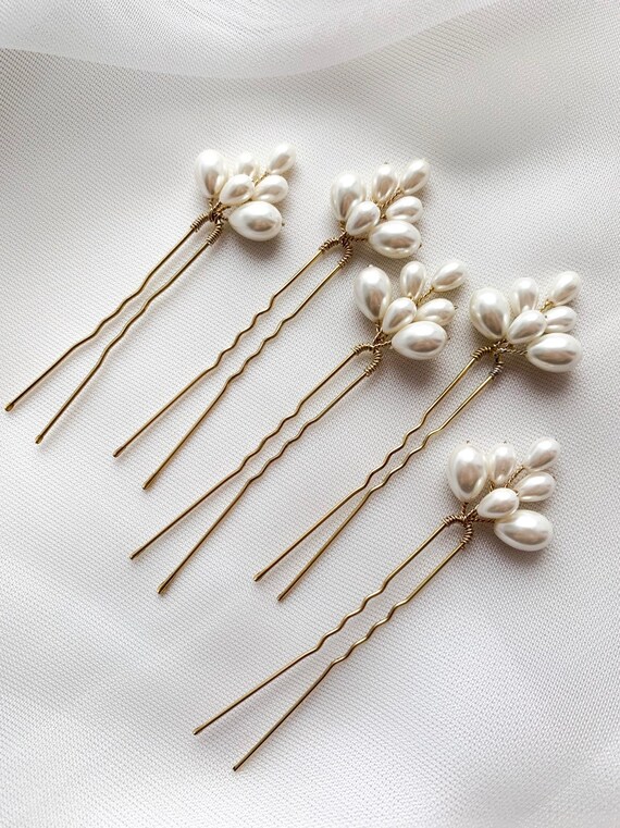 Bridal Ivory Pearl Hair Pins Set of 5, Pearl Wedding Gold  display picture 2