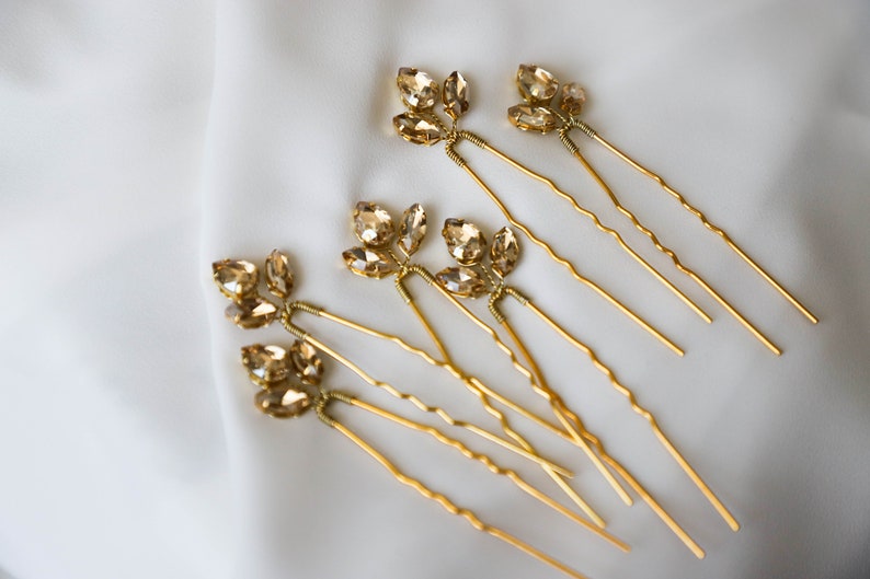 Gold Crystal hair pins set of 6, Bridal gold hair pins, Wedding gold crystal headpiece, Crystal hair accessories, Gold hair pins image 8