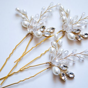 Pearls hair pins, Bridal ivory gold hair pins, Wedding gold  headpiece, Crystal clear hair accessories, Floral design, Crystal hair pins