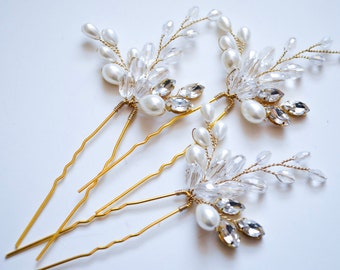 Pearls hair pins, Bridal ivory gold hair pins, Wedding gold  headpiece, Crystal clear hair accessories, Floral design, Crystal hair pins