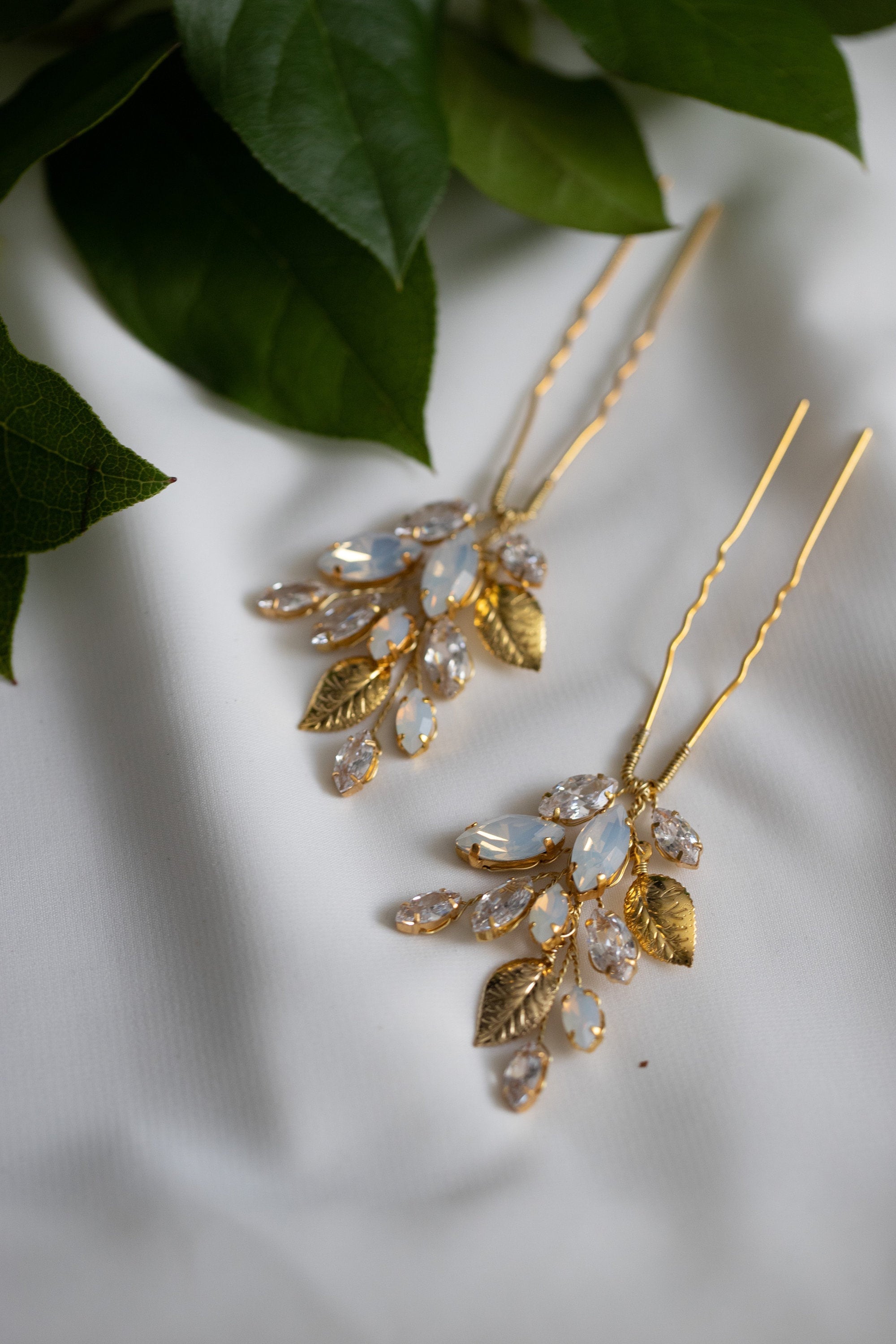 Opal Crystal Hair Pins Set of 2, Opal Gold Hair Pins  display picture 1